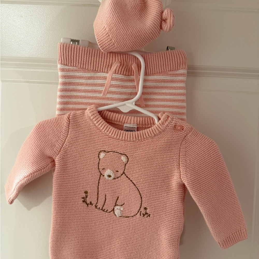 Carter’s Pink Baby Sweater, Pants and Hat Set with Bear Design 0-3 Months